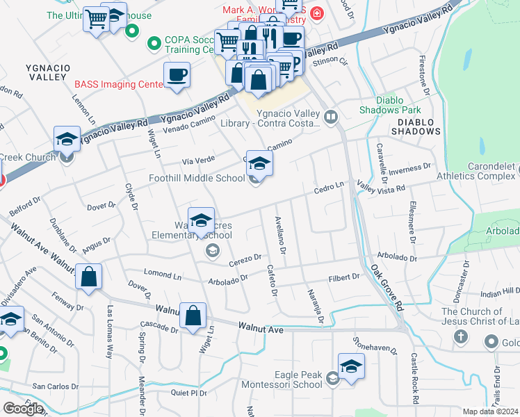 map of restaurants, bars, coffee shops, grocery stores, and more near 2643 Cedro Ln in Walnut Creek