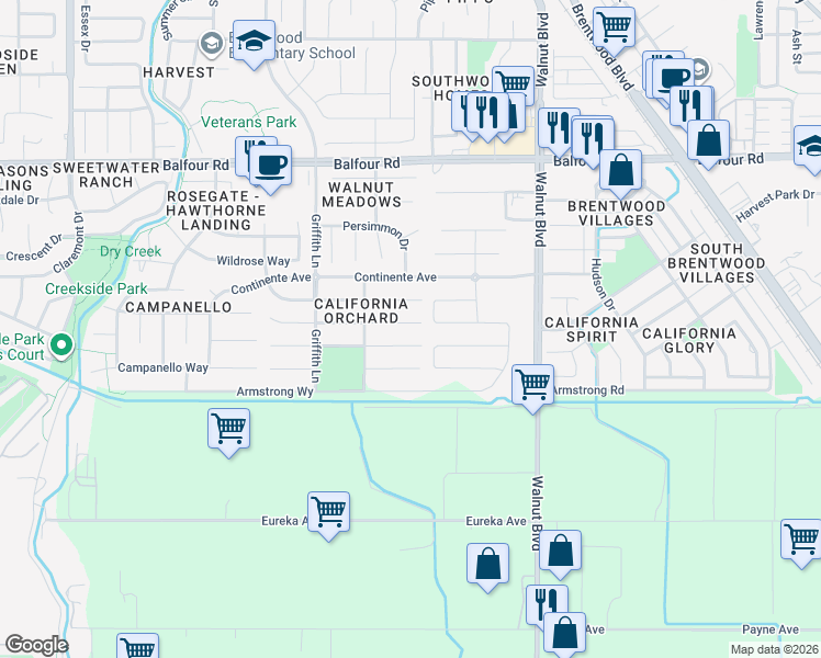 map of restaurants, bars, coffee shops, grocery stores, and more near 535 Cashew Place in Brentwood