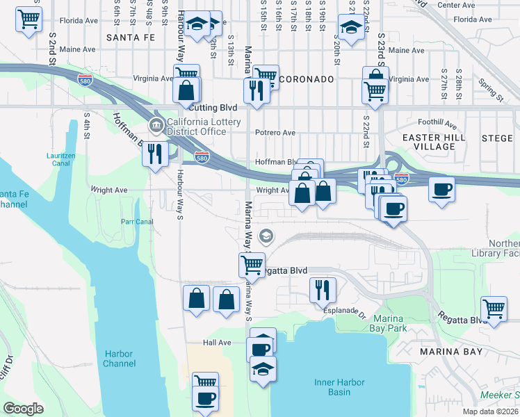 map of restaurants, bars, coffee shops, grocery stores, and more near 1455 Latitudes Way in Richmond