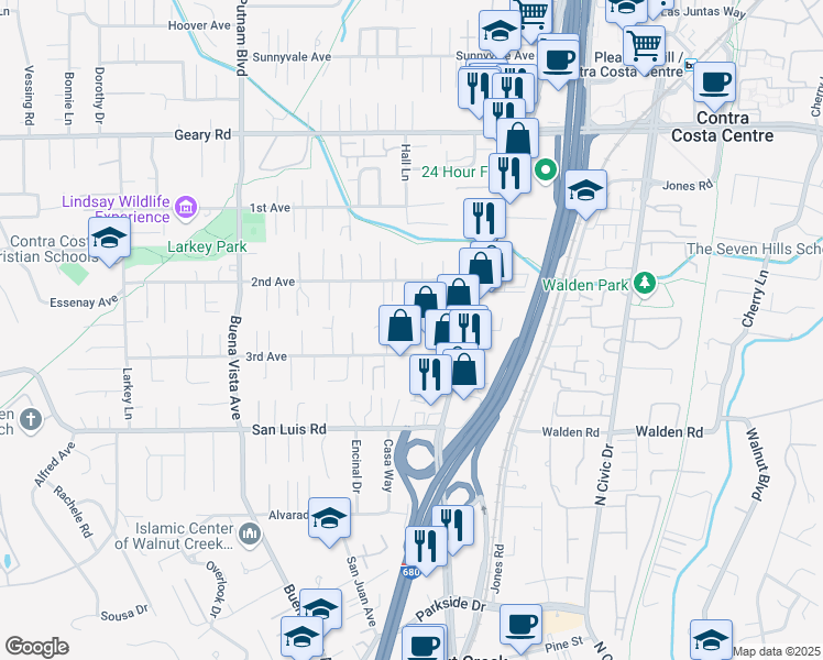 map of restaurants, bars, coffee shops, grocery stores, and more near 2626 Baldwin Lane in Walnut Creek