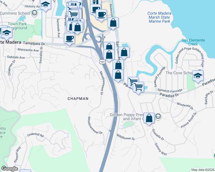 map of restaurants, bars, coffee shops, grocery stores, and more near 1511 Casa Buena Drive in Corte Madera