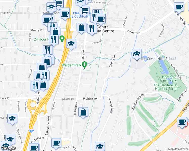map of restaurants, bars, coffee shops, grocery stores, and more near 2588 Oak Road in Walnut Creek