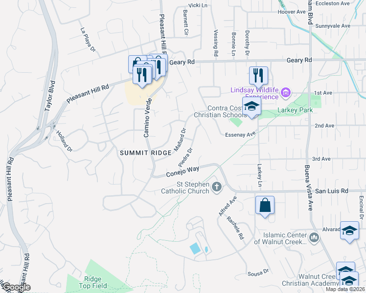 map of restaurants, bars, coffee shops, grocery stores, and more near 2421 Mallard Drive in Walnut Creek