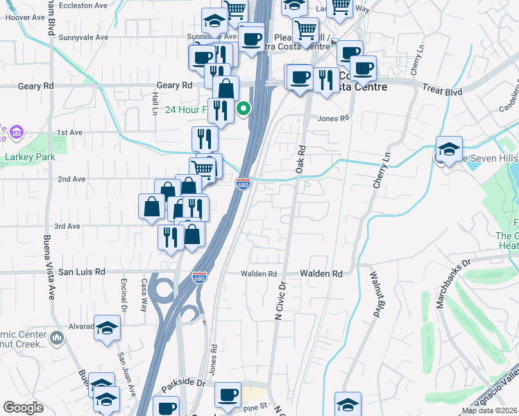 map of restaurants, bars, coffee shops, grocery stores, and more near 2606 Jones Road in Walnut Creek
