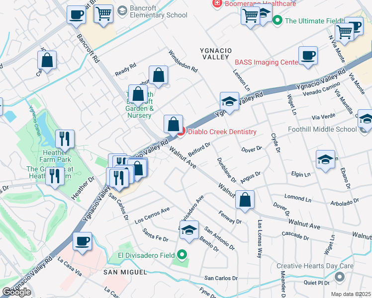map of restaurants, bars, coffee shops, grocery stores, and more near 2002 Belford Drive in Walnut Creek