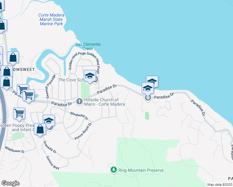 map of restaurants, bars, coffee shops, grocery stores, and more near 245 Balclutha Drive in Corte Madera