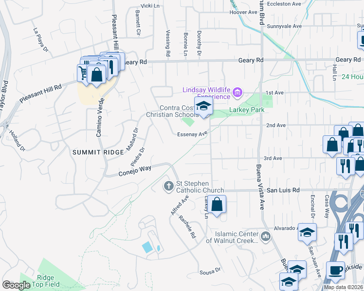 map of restaurants, bars, coffee shops, grocery stores, and more near 2643 Larkey Lane in Walnut Creek