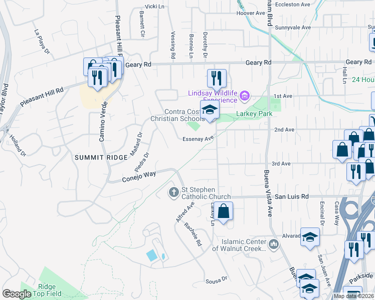 map of restaurants, bars, coffee shops, grocery stores, and more near 2643 Larkey Lane in Walnut Creek