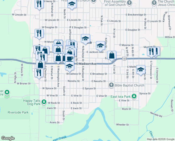 map of restaurants, bars, coffee shops, grocery stores, and more near 350-398 East Broadway Street in Iola