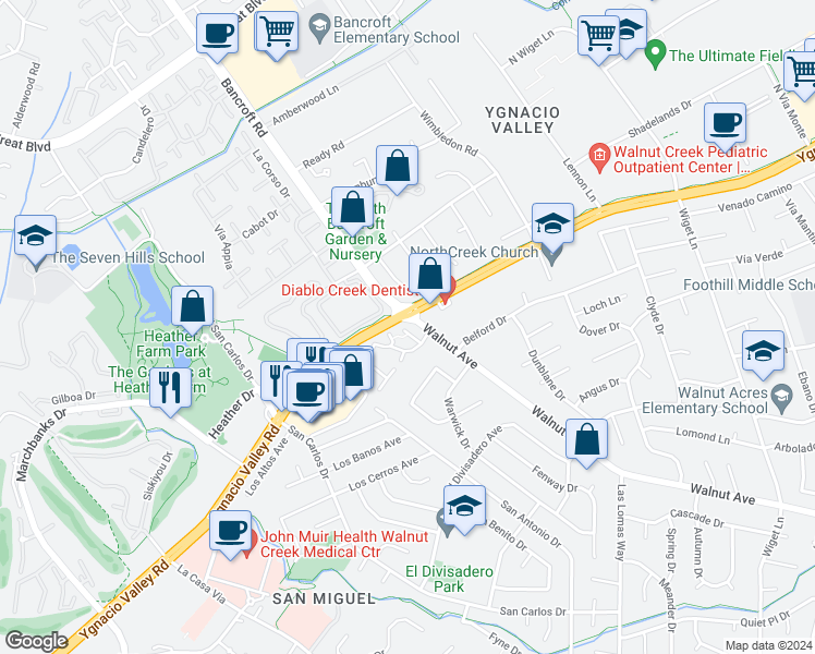 map of restaurants, bars, coffee shops, grocery stores, and more near 1972 Desert Circle in Walnut Creek