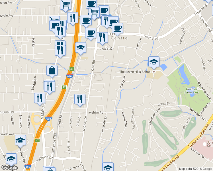 map of restaurants, bars, coffee shops, grocery stores, and more near 252 Ashford Court in Walnut Creek