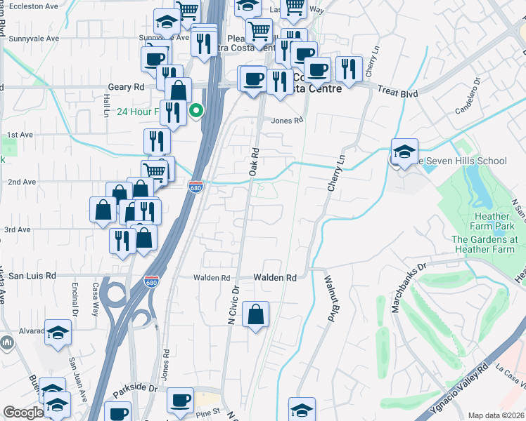 map of restaurants, bars, coffee shops, grocery stores, and more near 190 Ashford Court in Walnut Creek