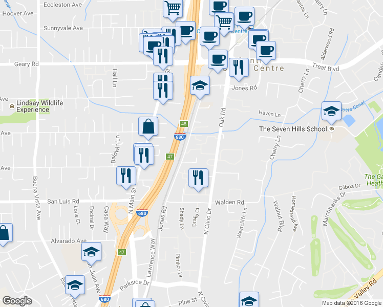 map of restaurants, bars, coffee shops, grocery stores, and more near 2606 Jones Road in Walnut Creek