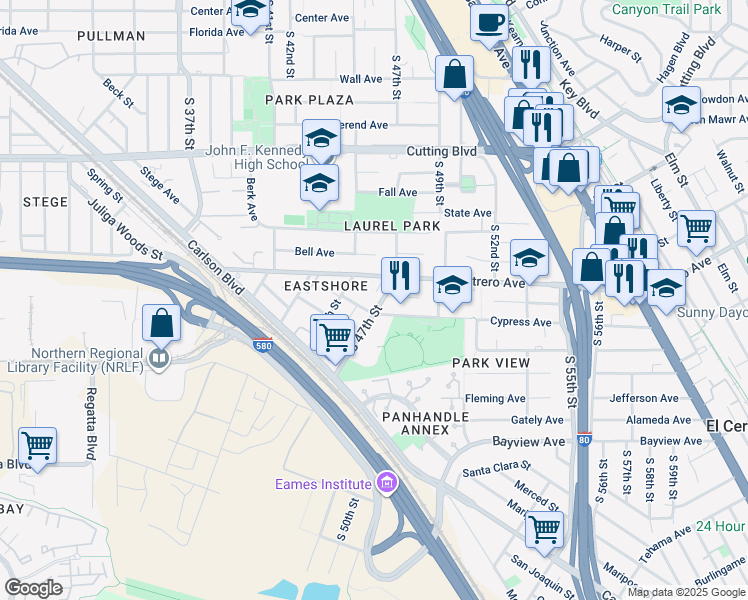 map of restaurants, bars, coffee shops, grocery stores, and more near 4615 Cypress Avenue in Richmond