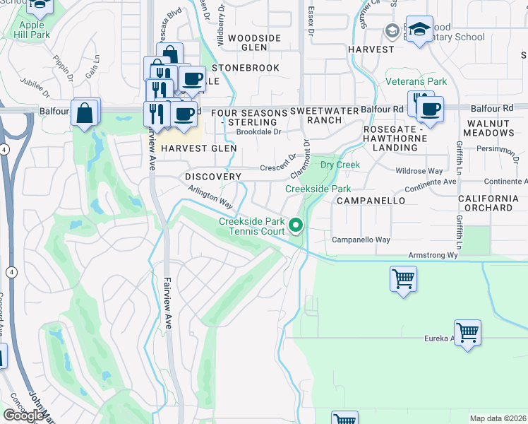 map of restaurants, bars, coffee shops, grocery stores, and more near 1130 Chaucer Drive in Brentwood