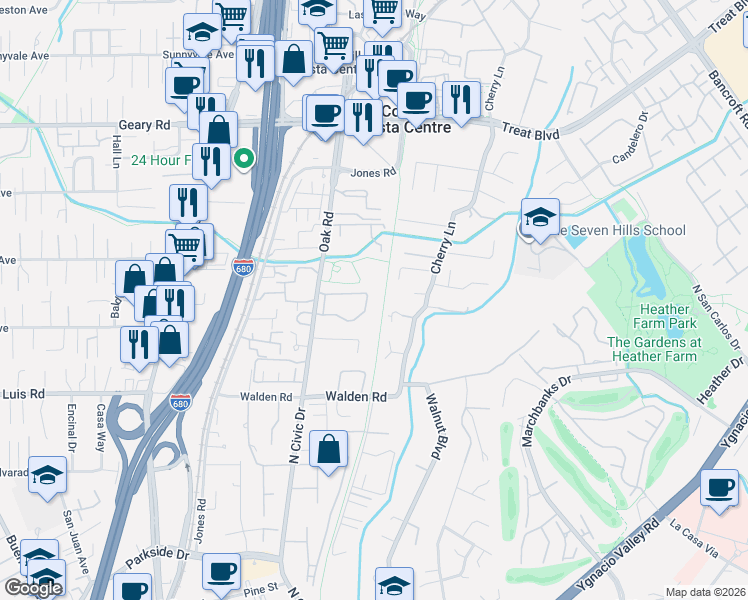 map of restaurants, bars, coffee shops, grocery stores, and more near 2590 Oak Road in Walnut Creek