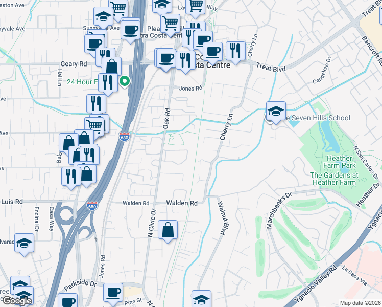 map of restaurants, bars, coffee shops, grocery stores, and more near 2590 Oak Road in Walnut Creek