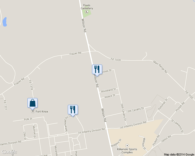 map of restaurants, bars, coffee shops, grocery stores, and more near 9021 Wilson Road in Fort Knox