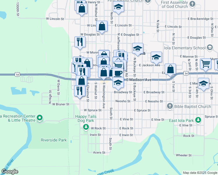 map of restaurants, bars, coffee shops, grocery stores, and more near 234 South Street in Iola