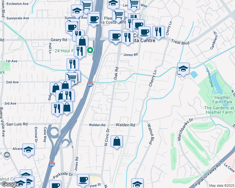 map of restaurants, bars, coffee shops, grocery stores, and more near 190 Ashford Court in Walnut Creek