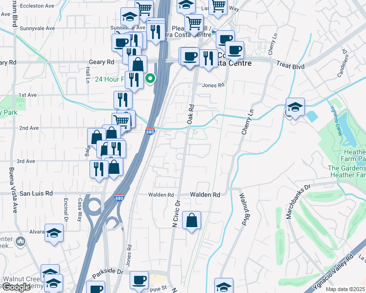 map of restaurants, bars, coffee shops, grocery stores, and more near 233 Charter Oak Circle in Walnut Creek