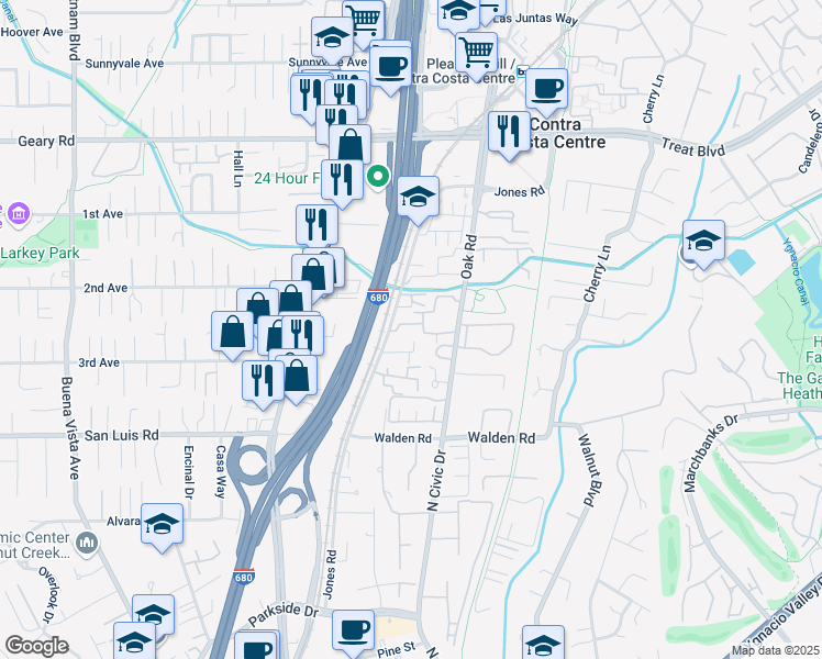map of restaurants, bars, coffee shops, grocery stores, and more near 2606 Jones Road in Walnut Creek