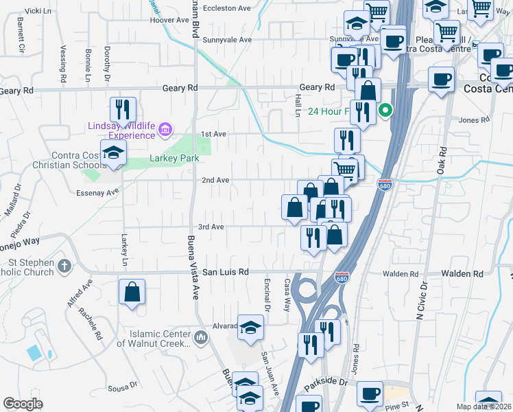 map of restaurants, bars, coffee shops, grocery stores, and more near 41 Mayo Lane in Walnut Creek