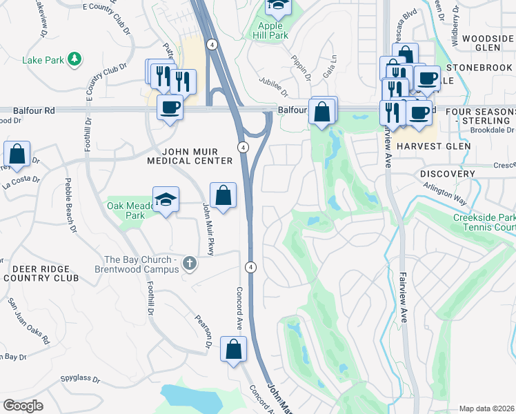 map of restaurants, bars, coffee shops, grocery stores, and more near 285 Black Amber Way in Brentwood