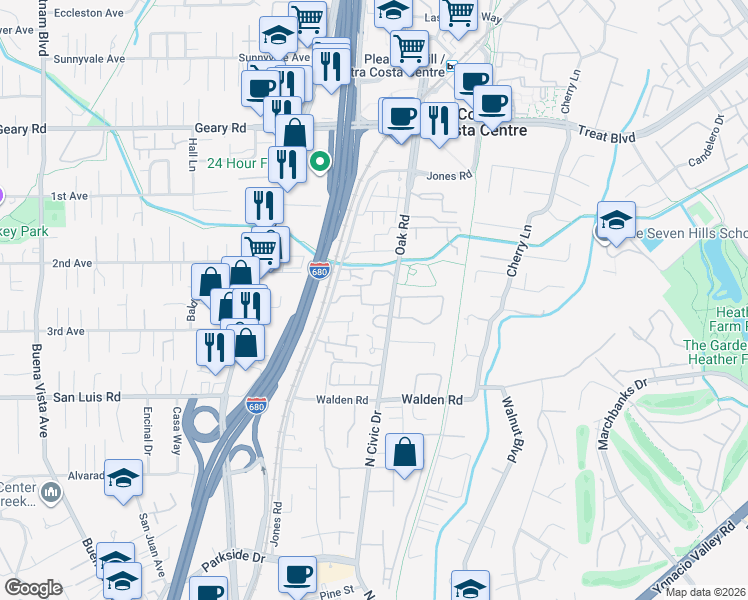 map of restaurants, bars, coffee shops, grocery stores, and more near 2587 Oak Road in Walnut Creek