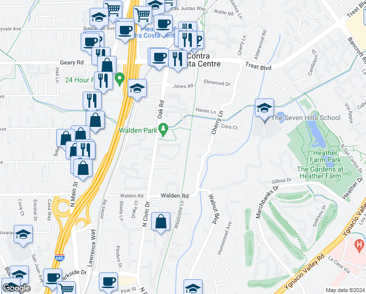 map of restaurants, bars, coffee shops, grocery stores, and more near 2590 Oak Road in Walnut Creek
