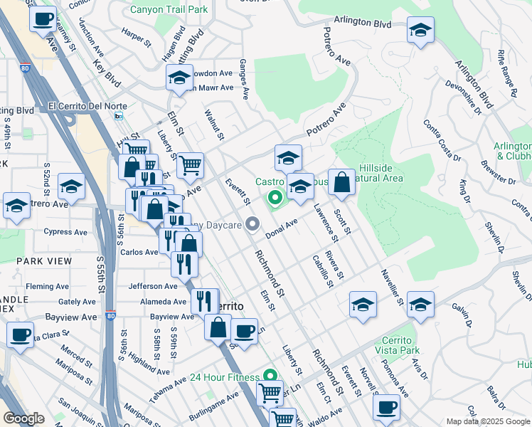 map of restaurants, bars, coffee shops, grocery stores, and more near 1427 Norvell Street in El Cerrito