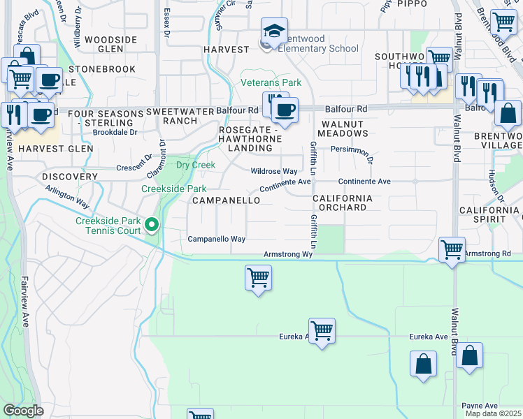 map of restaurants, bars, coffee shops, grocery stores, and more near 596 Toscanna Court in Brentwood