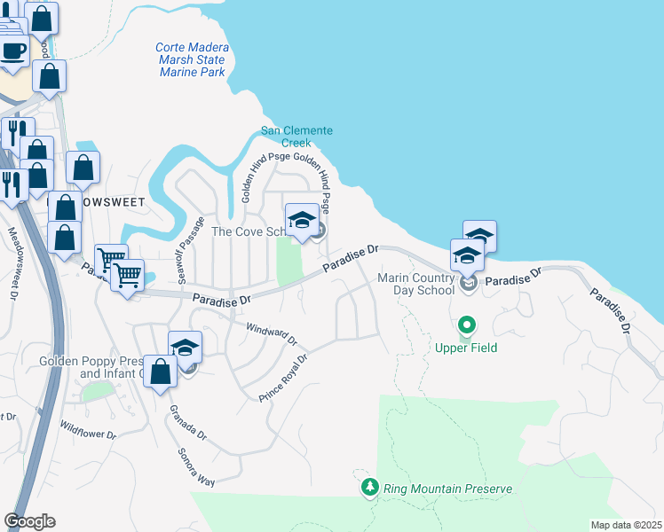map of restaurants, bars, coffee shops, grocery stores, and more near Paradise Dr & Golden Hind Psge in Corte Madera