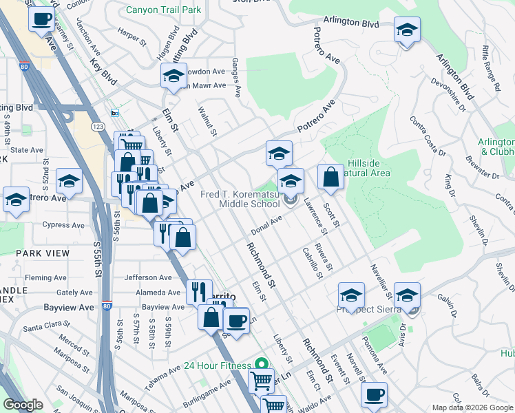 map of restaurants, bars, coffee shops, grocery stores, and more near 1427 Norvell Street in El Cerrito