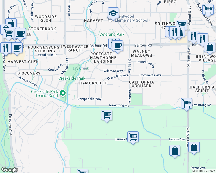 map of restaurants, bars, coffee shops, grocery stores, and more near 596 Toscanna Court in Brentwood