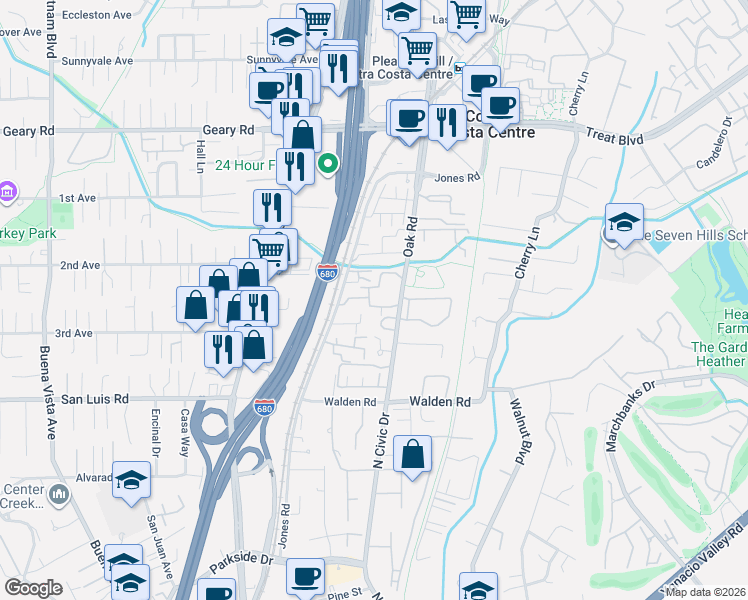 map of restaurants, bars, coffee shops, grocery stores, and more near 233 Charter Oak Circle in Walnut Creek
