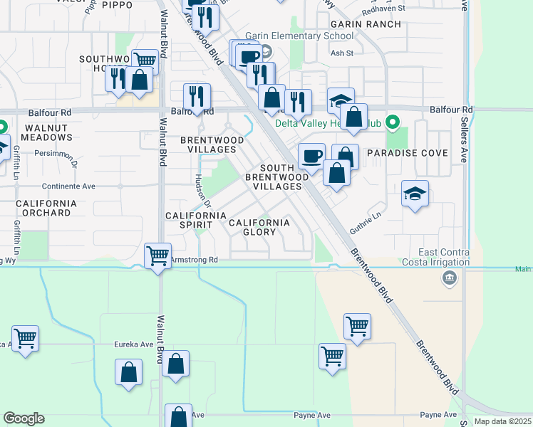 map of restaurants, bars, coffee shops, grocery stores, and more near 4698 Nunn Street in Brentwood