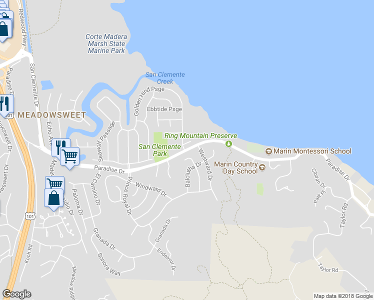 map of restaurants, bars, coffee shops, grocery stores, and more near 5298 Paradise Drive in Corte Madera