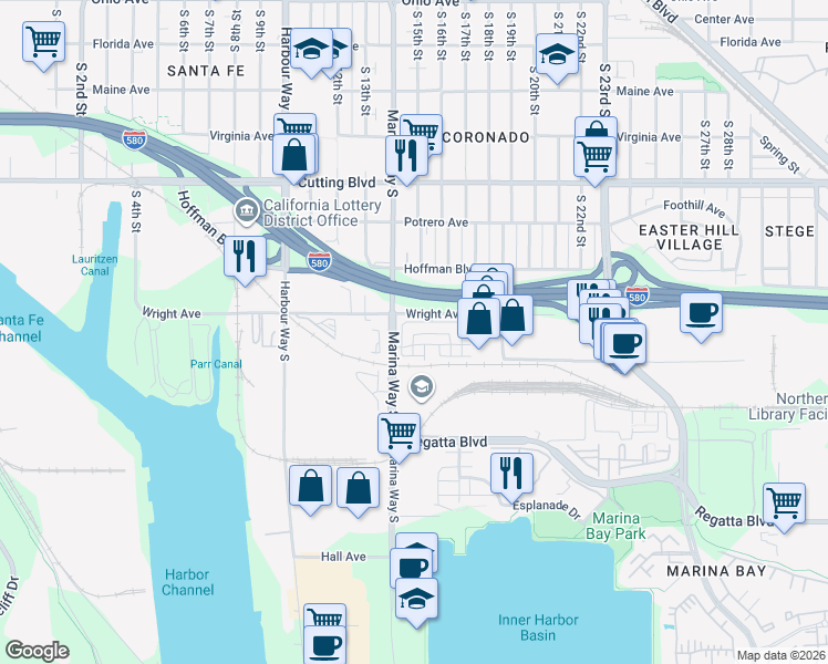 map of restaurants, bars, coffee shops, grocery stores, and more near 1426 Seawind Drive in Richmond