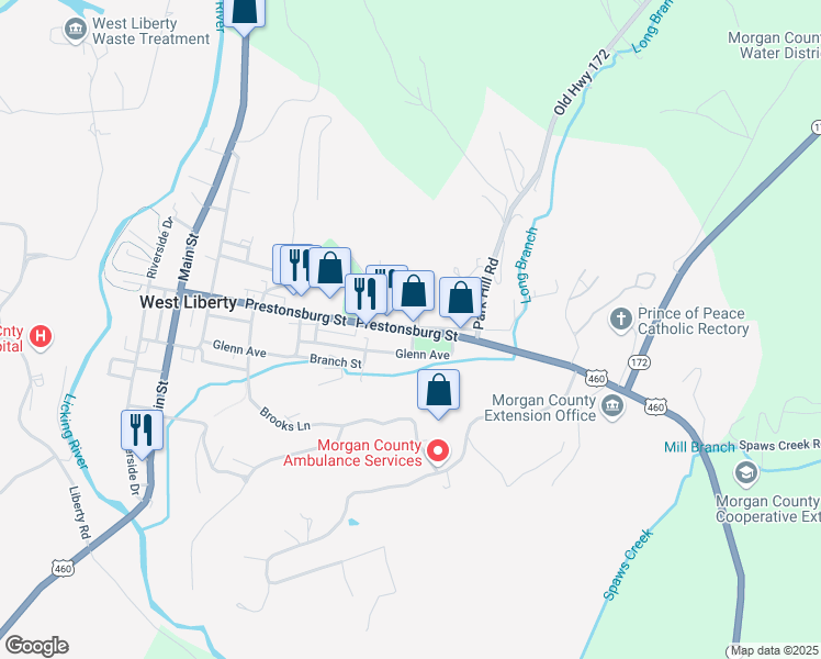 map of restaurants, bars, coffee shops, grocery stores, and more near 3201 U.S. 460 in West Liberty