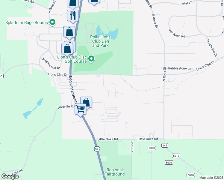 map of restaurants, bars, coffee shops, grocery stores, and more near 505 Silverleaf Lane in Rolla