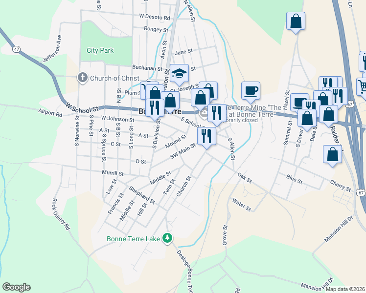 map of restaurants, bars, coffee shops, grocery stores, and more near 52 Southwest Main Street in Bonne Terre