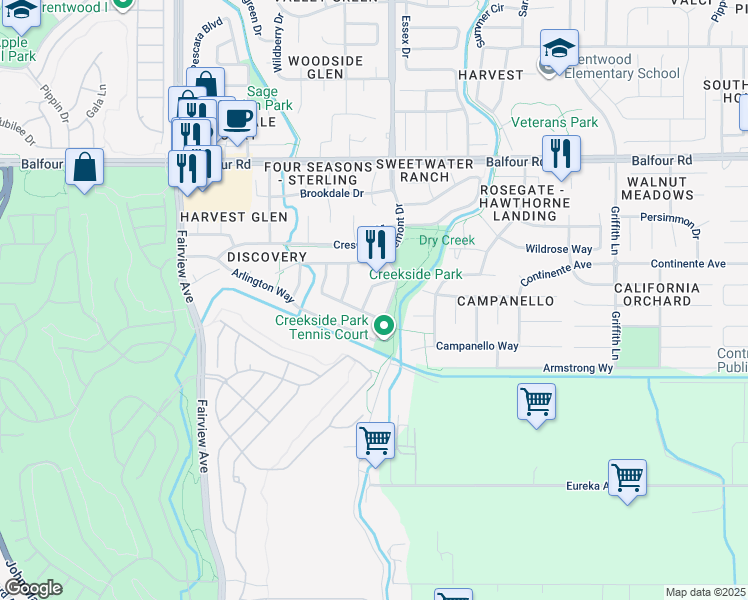 map of restaurants, bars, coffee shops, grocery stores, and more near 378 Chelmsford Drive in Brentwood