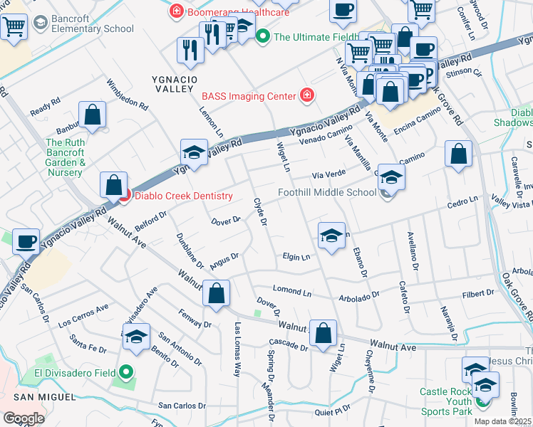 map of restaurants, bars, coffee shops, grocery stores, and more near 232 Clyde Drive in Walnut Creek