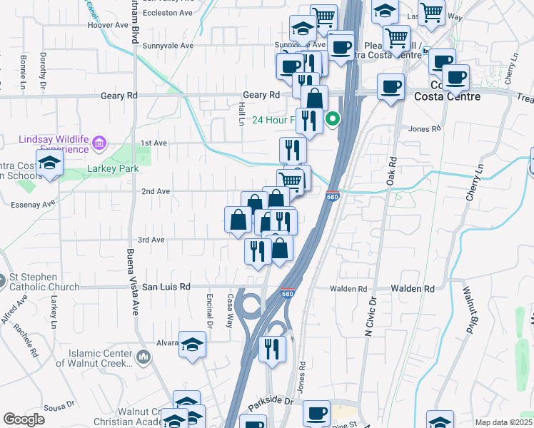map of restaurants, bars, coffee shops, grocery stores, and more near 1500 3rd Avenue in Walnut Creek