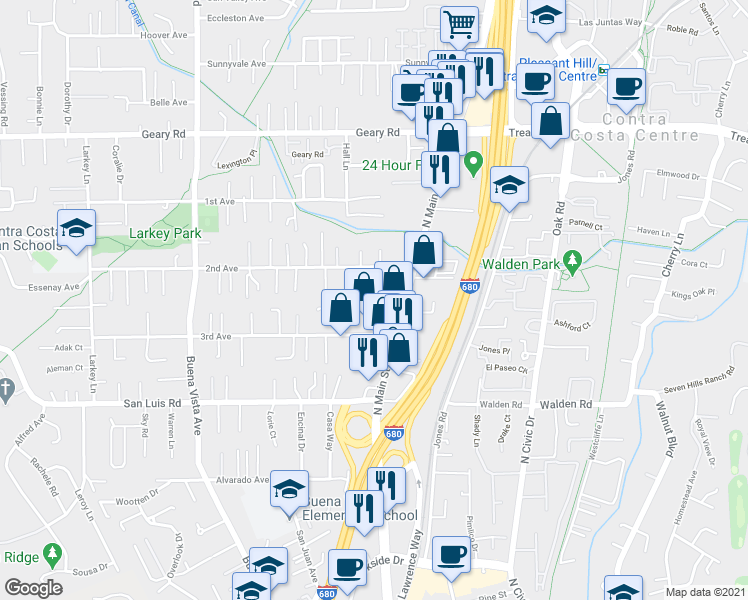 map of restaurants, bars, coffee shops, grocery stores, and more near 1500 3rd Avenue in Walnut Creek