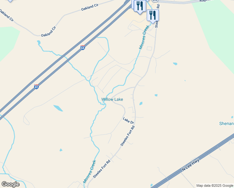 map of restaurants, bars, coffee shops, grocery stores, and more near Willow Lake Loop in Raphine