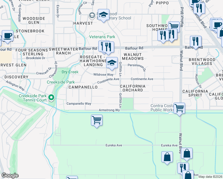 map of restaurants, bars, coffee shops, grocery stores, and more near 623 Cashew Court in Brentwood