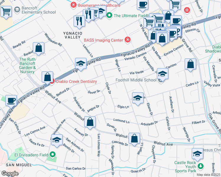 map of restaurants, bars, coffee shops, grocery stores, and more near 232 Clyde Drive in Walnut Creek