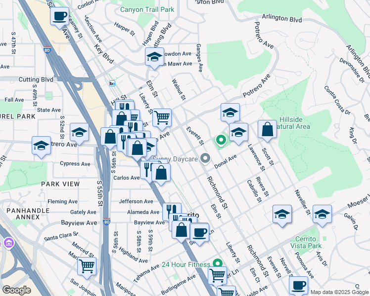 map of restaurants, bars, coffee shops, grocery stores, and more near in El Cerrito